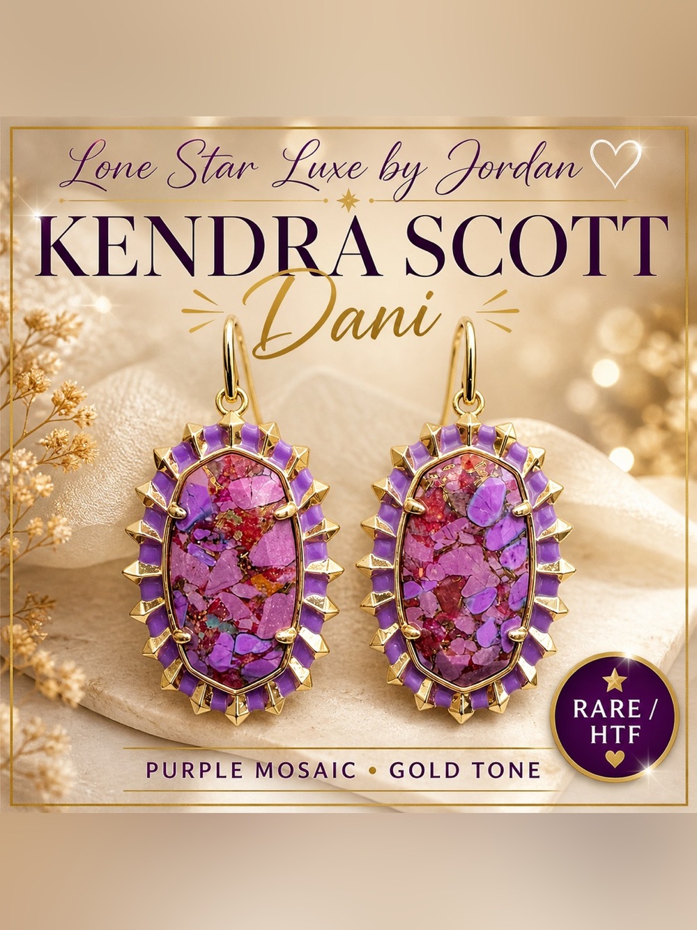 Kendra Scott Dani Earrings Purple Mosaic Gold Rare HTF Statement Drop Collector